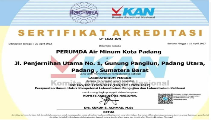 Perumda Air Minum Kota Padang Raih Sertifikat Akreditasi Laboratorium