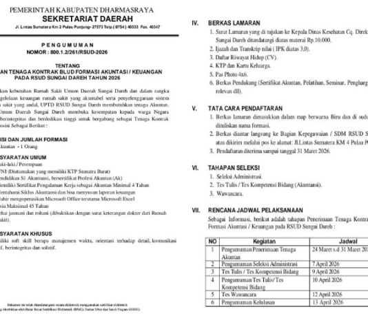 RSUD Sungai Dareh Buka Lowongan Tenaga Kontrak BLUD Formasi Akuntansi 2026