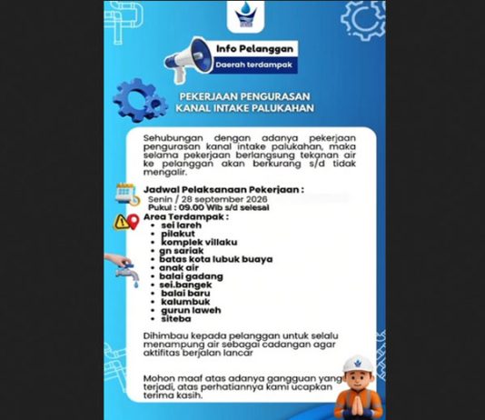 Info Perumda Air Minum Padang : Senin Ini, 12 Wilayah Padang Berpotensi Terdampak Gangguan